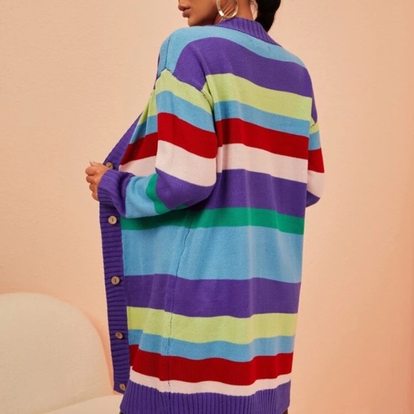 NEW INVENTORY 🎆Rainbow Stripe Pattern Drop Shoulder Cardigan🎆 - Picture 4 of 11